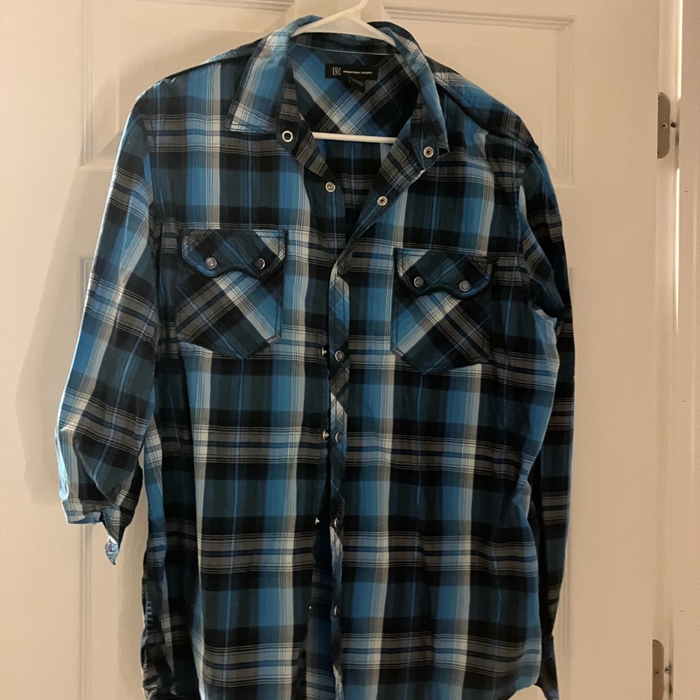 INC International Concepts Blue and Black Casual Button Down Shirt